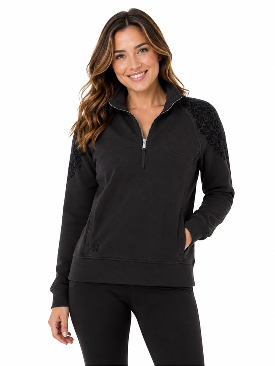 lululemon athletica Sweaters - lululemon athletica Black Half-Zip Pullover with Floral Shoulder Print
